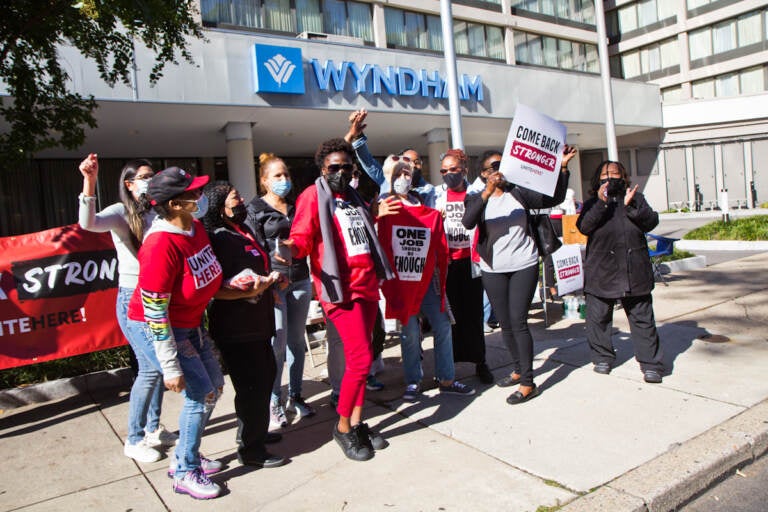 Restaurant hotel workers and Unite Here representatives chanted, “If we don’t get it, shut it down,” at a vote of union members to authorize a strike outside the Wyndham Hotel in Philadelphia on Oct. 28, 2021