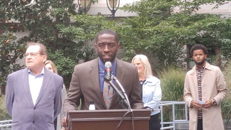 Councilmember Isaiah Thomas calls for people to register to vote at a rally on Monday, October 11, 2021. (Tom MacDonald WHYY)