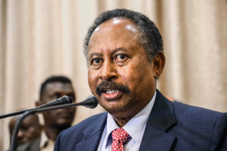 Sudan's Prime Minister Abdalla Hamdok speaks during a news conference