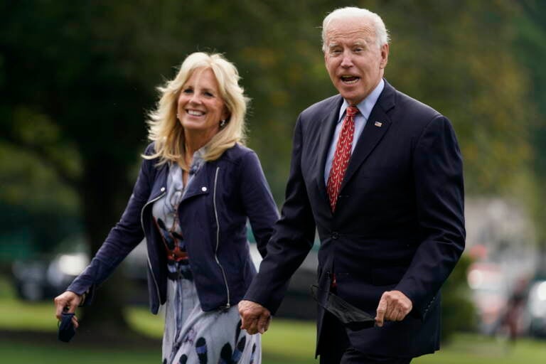 President Joe Biden and first lady Jill Biden arrive on the South Lawn