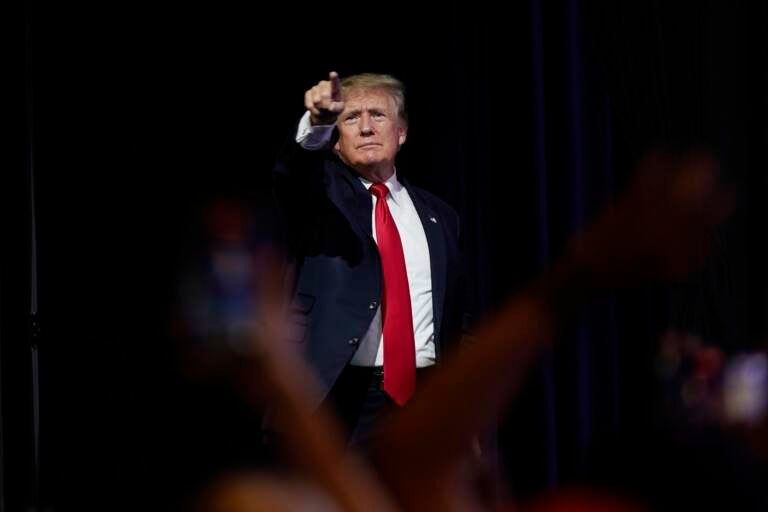 Donald Trump points to supporters in a crowd