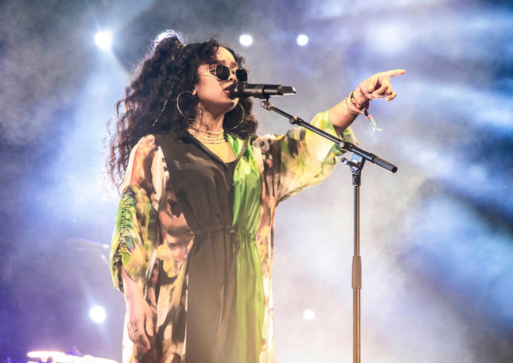 H.E.R. performs at the Coachella Music & Arts Festival at the Empire Polo Club on Sunday, April 14, 2019, in Indio, Calif