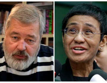 FILE - A combo of file images of Novaya Gazeta editor Dmitry Muratov, left, and of Rappler CEO and Executive Editor Maria Ressa