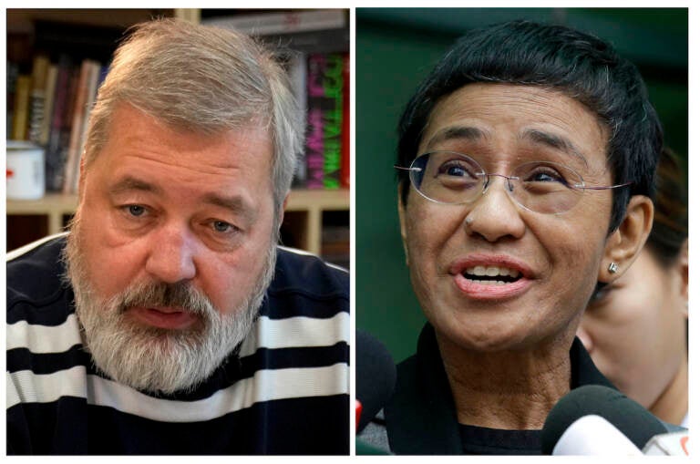 FILE - A combo of file images of Novaya Gazeta editor Dmitry Muratov, left, and of Rappler CEO and Executive Editor Maria Ressa