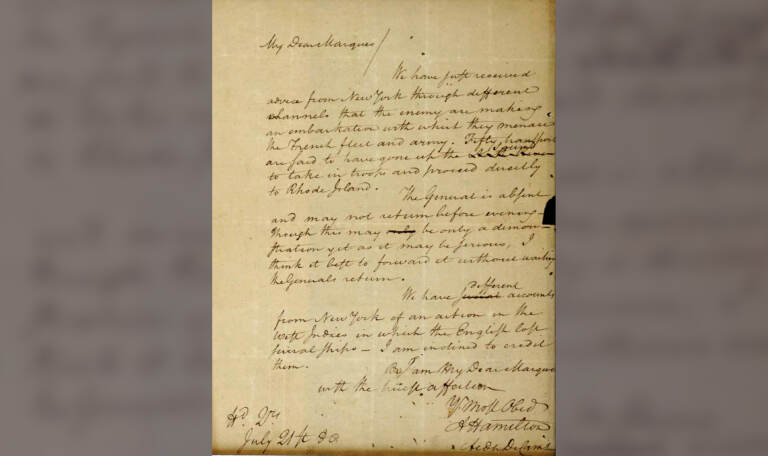 FILE - This image filed May 15, 2019, in federal court as part of a forfeiture complaint by the U.S. attorney's office in Boston shows a 1780 letter from Alexander Hamilton to the Marquis de Lafayette, that was stolen from the Massachusetts Archives decades ago.  The letter written by  Hamilton during the Revolutionary War and believed stolen decades ago from the Massachusetts state archives was returned Tuesday, Oct. 12, 2021, following a federal appeals court decision. (U.S. Attorney's Office via AP)