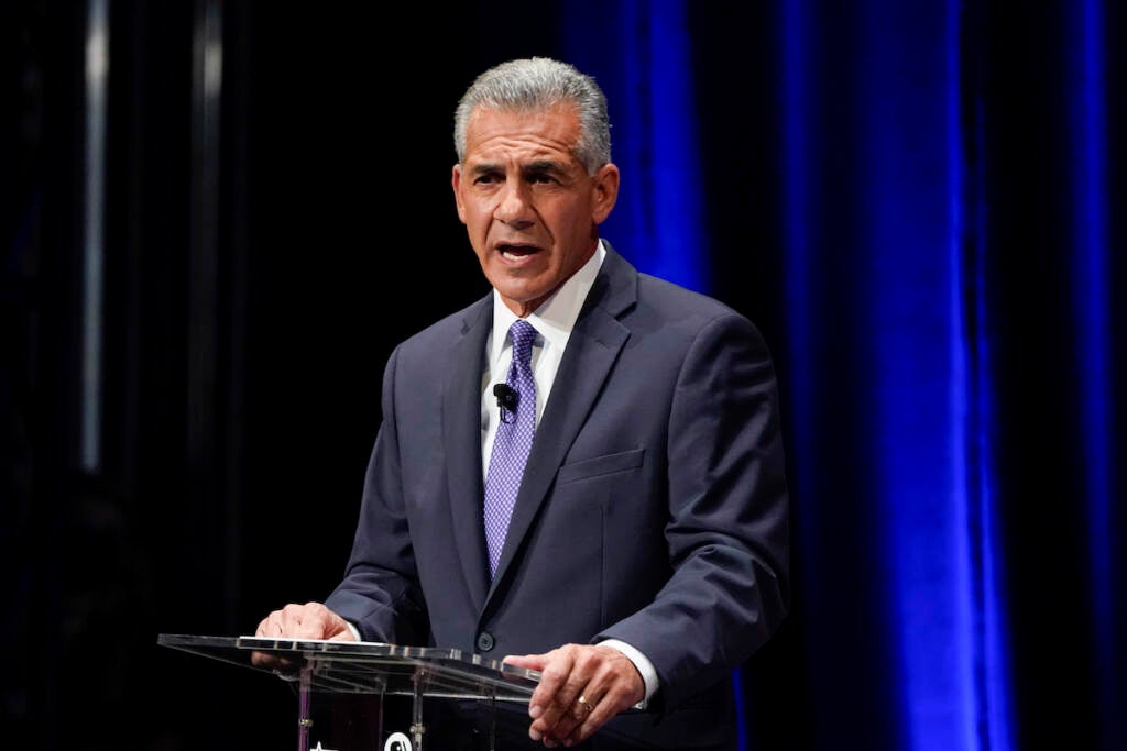 Republican challenger Jack Ciattarelli speaks during a gubernatorial debate with Incumbent Gov. Phil Murphy, D-N.J. at Rowan University's Pfleeger Concert Hall Tuesday, Oct. 12, 2021, in Glassboro, N.J.