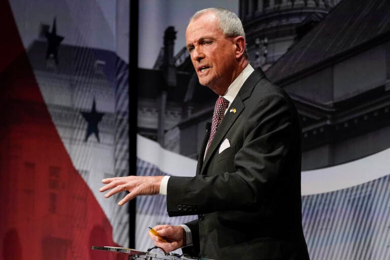 Incumbent Gov. Phil Murphy, D-N.J. speaks during a gubernatorial debate with Republican challenger Jack Ciattarelli at Rowan University's Pfleeger Concert Hall Tuesday, Oct. 12, 2021, in Glassboro, N.J.