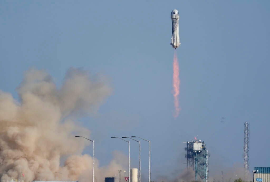 Blue Origin's New Shepard rocket launches carrying passengers William Shatner, Chris Boshuizen, Audrey Powers and Glen de Vries from its spaceport near Van Horn, Texas, Wednesday, Oct. 13, 2021