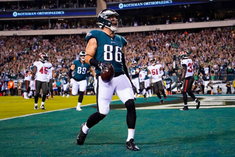 Philadelphia Eagles tight end Zach Ertz celebrates a touchdown during the first half of an NFL football game against the Tampa Bay Buccaneers on Thursday, Oct. 14, 2021, in Philadelphia