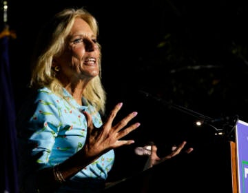 First lady Jill Biden gestures during a rally for Democratic gubernatorial candidate Terry McAuliffe in Richmond, Va., Friday, Oct. 15, 2021