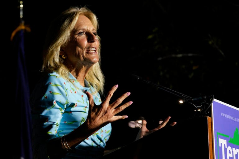 First lady Jill Biden gestures during a rally for Democratic gubernatorial candidate Terry McAuliffe in Richmond, Va., Friday, Oct. 15, 2021