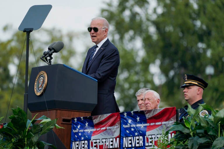 President Joe Biden speaks during a ceremony, honoring fallen law enforcement officers at the 40th annual National Peace Officers' Memorial Service at the U.S. Capitol in Washington, Saturday, Oct. 16, 2021