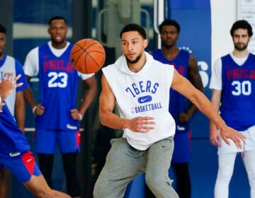 Philadelphia 76ers' Ben Simmons takes part in a practice at the NBA basketball team's facility, Monday, Oct. 18, 2021, in Camden, N.J.