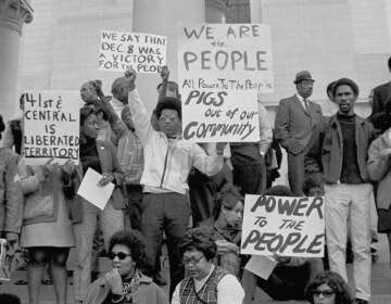 In this Dec. 11, 1969, file photo, demonstrators protest on the steps of the Los Angeles City Hall, against raids by police at Black Panther headquarters. (AP Photo/Wally Fong, File)