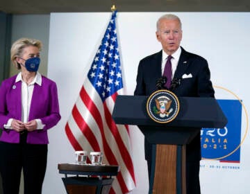 President Joe Biden and European Commission president Ursula von der Leyen talk to reporters about pausing the trade war over steel and aluminum tariffs during the G20 leaders summit, Sunday, Oct. 31, 2021, in Rome. (AP Photo/Evan Vucci)