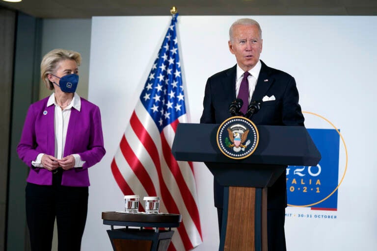 President Joe Biden and European Commission president Ursula von der Leyen talk to reporters about pausing the trade war over steel and aluminum tariffs during the G20 leaders summit, Sunday, Oct. 31, 2021, in Rome. (AP Photo/Evan Vucci)