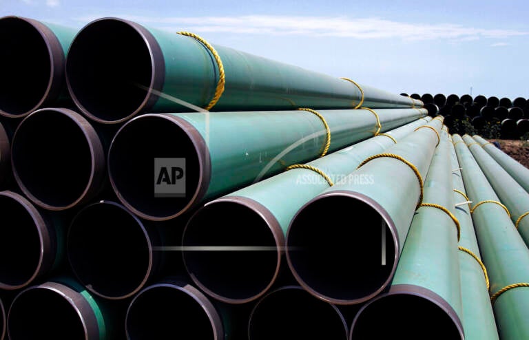 In this May 15, 2011 photo, hundreds of drilling pipes are stacked at a rail center in Gardendale, Texas. (AP Photo/Pat Sullivan, File)