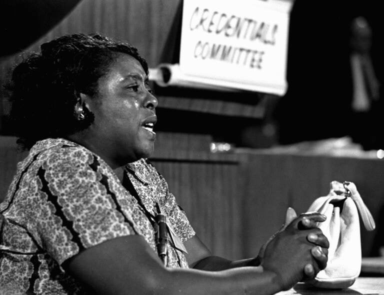 In this Aug. 22, 1964 file photograph, Fannie Lou Hamer speaks before the credentials committee of the Democratic national convention in Atlantic City.  (AP Photo/File)