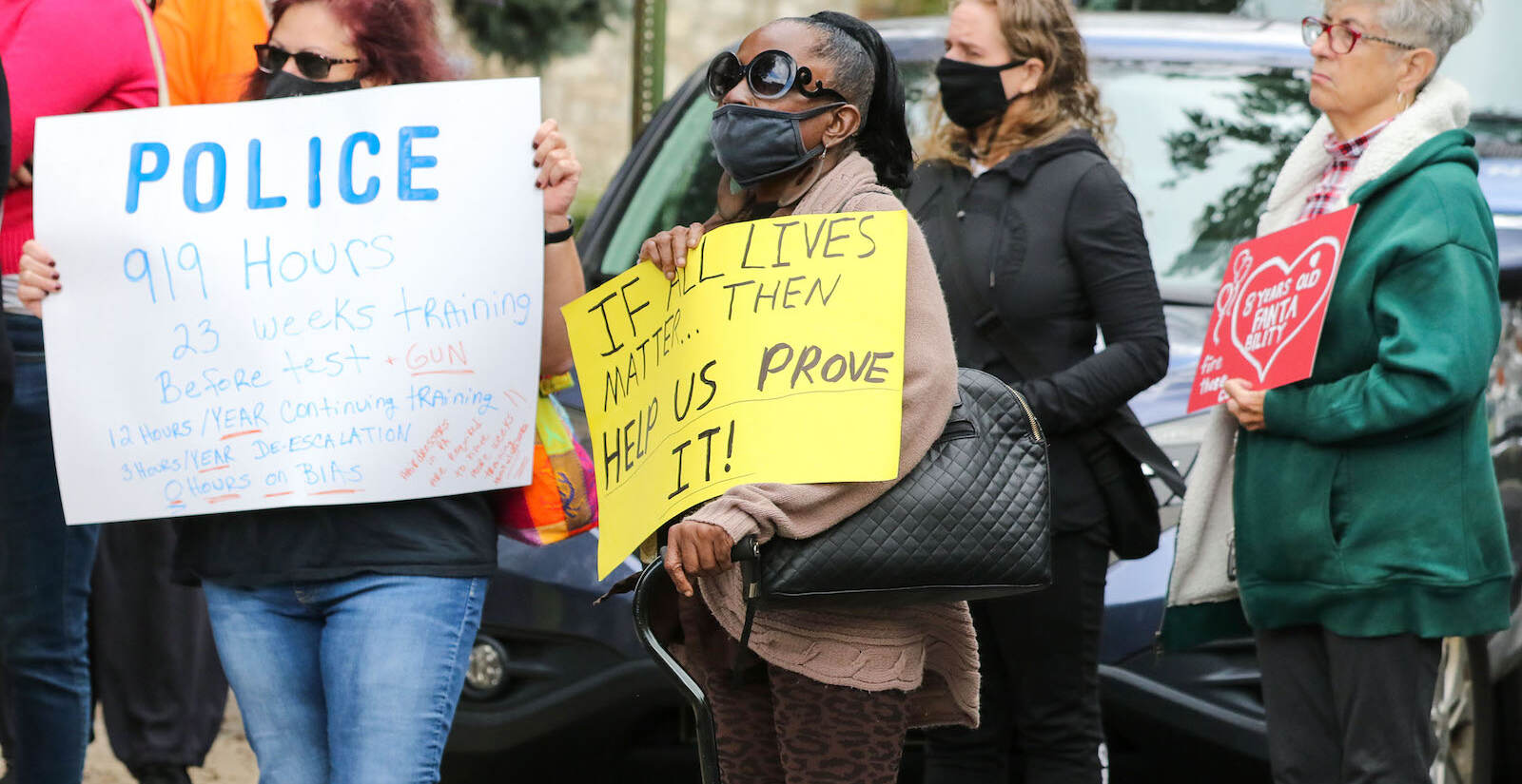 [in center] Melody Lee, form Darby.
The Justice for Fanta Bility silent march in Sharon Hill, PA on 10/17/21. Fanta Bility was an eight year old girl who was shot and killed outside of a football game at Academy Park High School on August 27, 2021. The march had been organized and  led by the UDTJ and Delco Resists as a way to honor Fanta’s life as well as call for police accountability. 
[DANIELLA HEMINGHAUS]