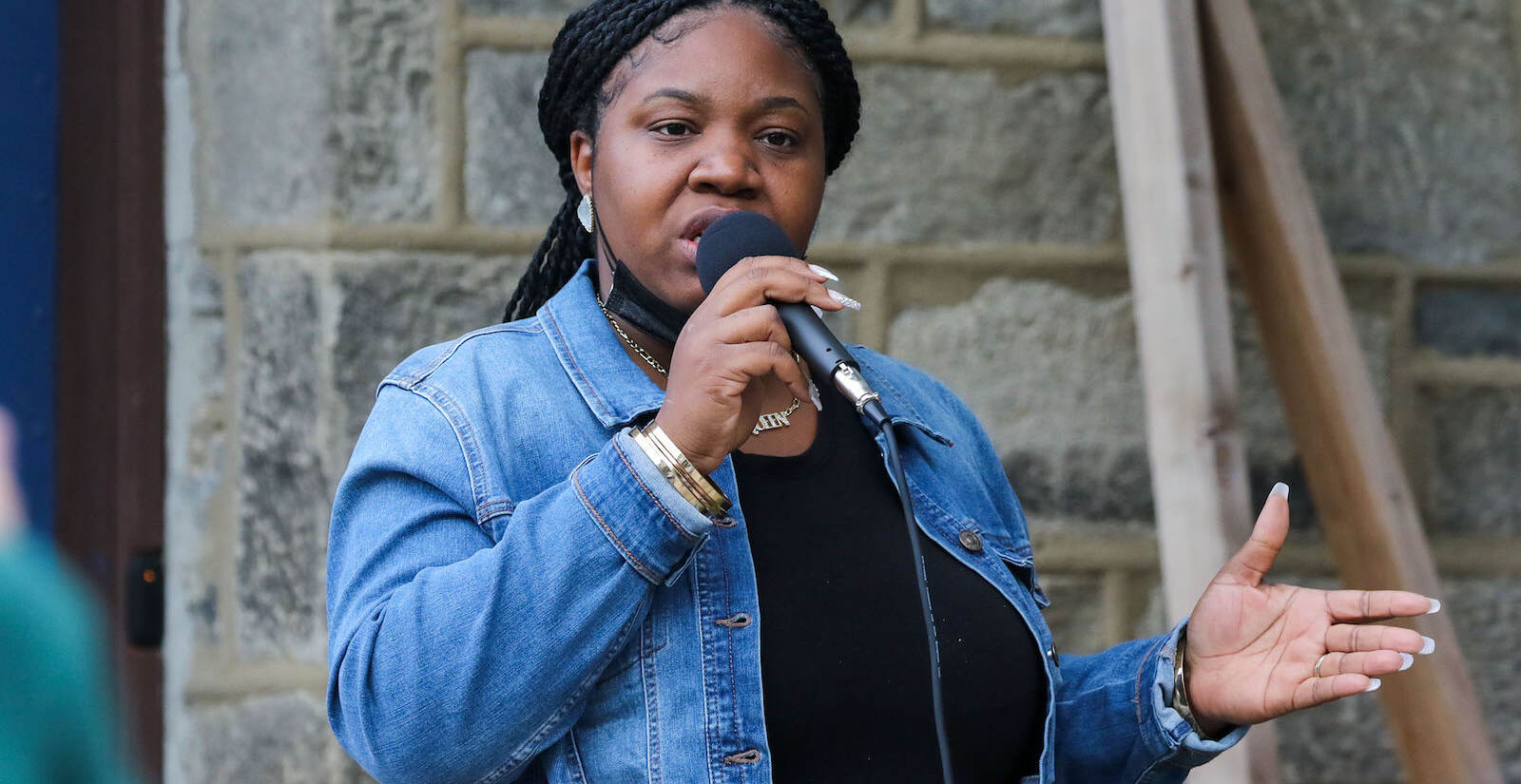 Carol Kazeem, from Delco Resists, speaking to the group.
The Justice for Fanta Bility silent march in Sharon Hill, PA on 10/17/21. Fanta Bility was an eight year old girl who was shot and killed outside of a football game at Academy Park High School on August 27, 2021. The march had been organized and  led by the UDTJ and Delco Resists as a way to honor Fanta’s life as well as call for police accountability. 
[DANIELLA HEMINGHAUS]