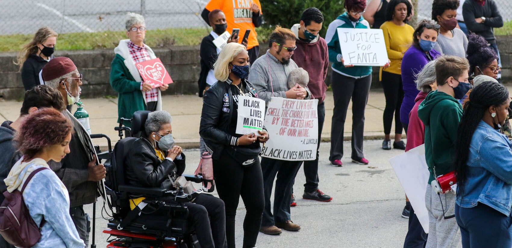 The group stopped outside of the Academy Park High School football stadium for eight minutes of silence. 
The Justice for Fanta Bility silent march in Sharon Hill, PA on 10/17/21. Fanta Bility was an eight year old girl who was shot and killed outside of a football game at Academy Park High School on August 27, 2021. The march had been organized and  led by the UDTJ and Delco Resists as a way to honor Fanta’s life as well as call for police accountability. 
[DANIELLA HEMINGHAUS]