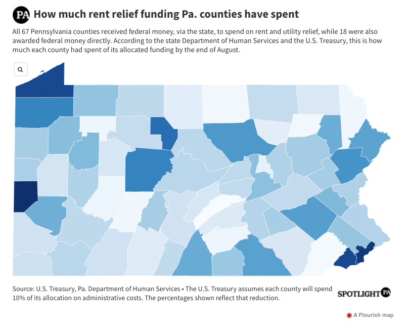 A map illustrates how much rent relief funding Pa. counties have spent