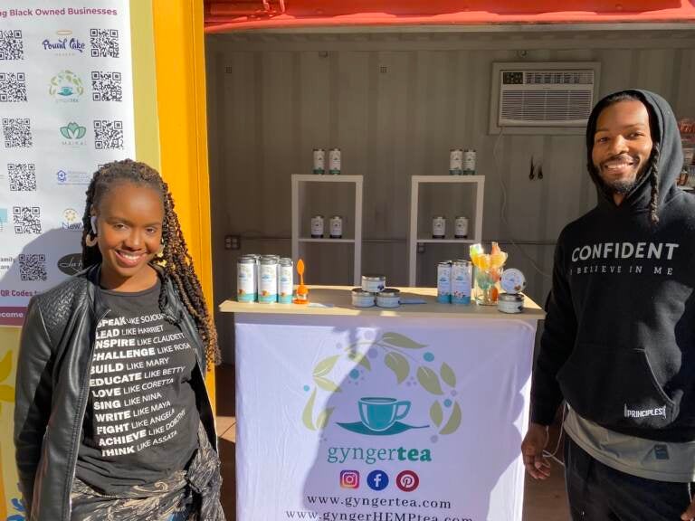 Felicia Harris-Williams and husband Craig Williams own Gynger Tea, one of the 50 vendors participating in the LOVE Park pop-up market. (Aaron Moselle/WHYY)