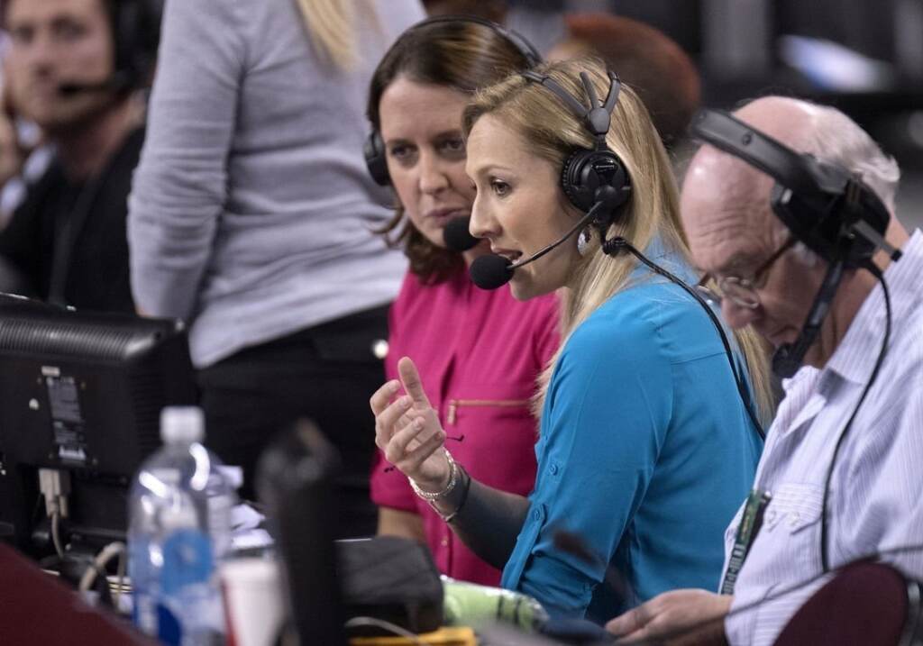 Kate Scott (center) providing play-by-play commentary during a Pac-12 game