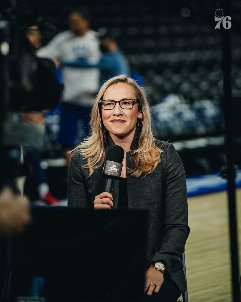 Philadelphia 76ers play-by-play announcer Kate Scott presents on court