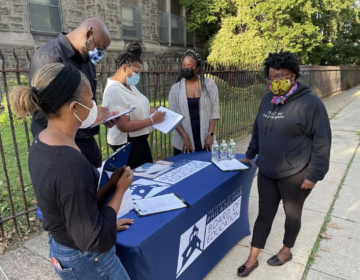 Philadelphia school board member Lisa Salley, right, works with district volunteers in front of Overbrook Elementary School on Thursday to get input from parents in the search for a new superintendent. Standing from left, Kristyn Aldrich, Walter Dixon, Marcia Hall and Deanna Scott. (Johann Calhoun / Chalkbeat)