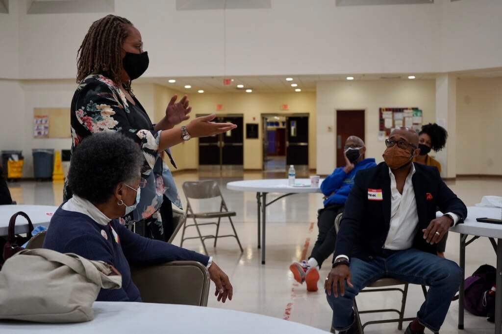 The final in-person listening session at Enon Tabernacle Baptist Church yielded a small tunrout, but the debate, moderated by Megan Smith (L) was quite lively as Morgan Wilson Jr. (R) had a ton of ideas