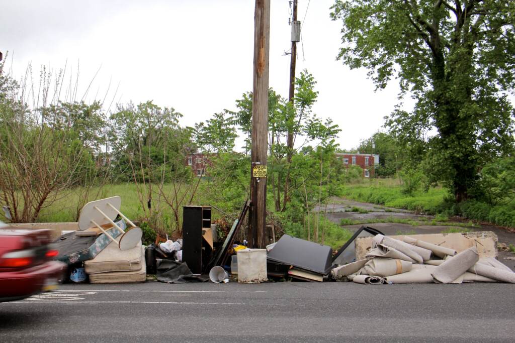 Trash dumped on the side of a street.