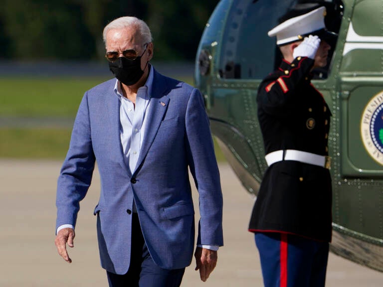 President Joe Biden arrives at Delaware Air National Guard Base in New Castle, Del., Saturday, Oct. 2, 2021. (AP Photo/Manuel Balce Ceneta)