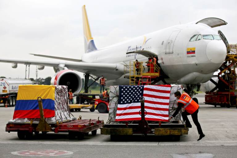 View of containers with some of the 3.5 million doses of vaccines against COVID-19 from Moderna laboratory donated by US government, on their arrival at El Dorado International Airport, in Bogota on July 25, 2021. (Photo by Leonardo Munoz / AFP) (Photo by LEONARDO MUNOZ/AFP via Getty Images)