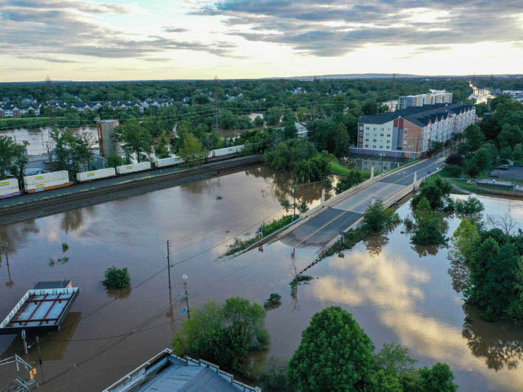 An aerial view of a community in Middlesex as floodwater covers streets in Middlesex