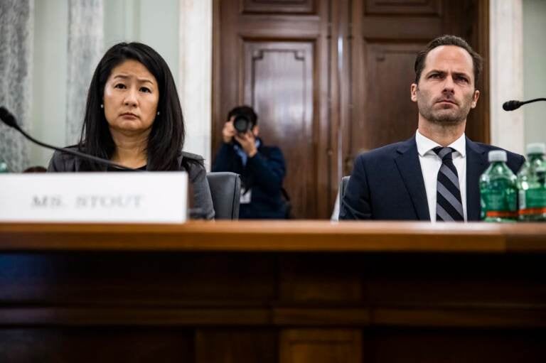 Jennifer Stout (L), Vice President of Global Public Policy at Snap Inc., and Michael Beckerman (R), Vice President and Head of Public Policy at TikTok, testify before a Senate Subcommittee on Consumer Protection, Product Safety, and Data Security hearing on Protecting Kids Online: Snapchat, TikTok, and YouTube on October 26, 2021 in Washington, DC