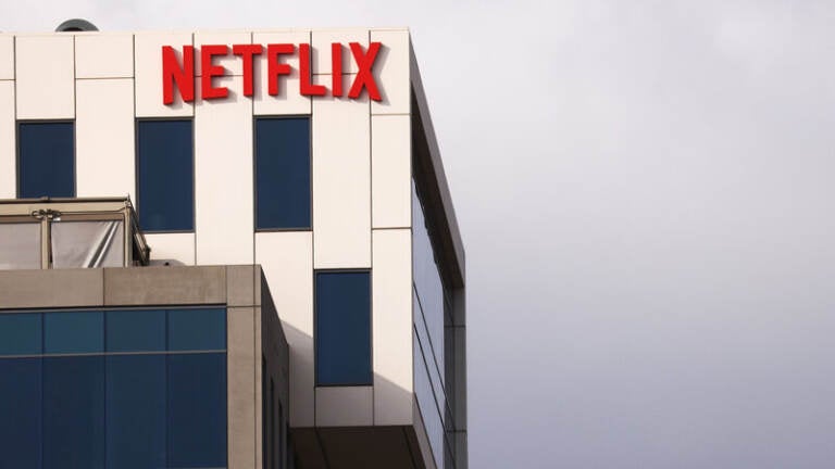 The Netflix logo is displayed at Netflix's Los Angeles headquarters