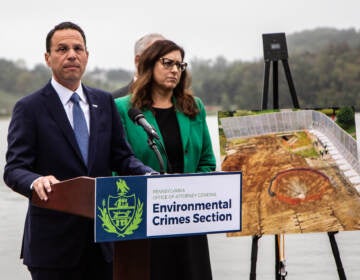 Attorney General Josh Shapiro stands at podium at Marsh Creek Lake