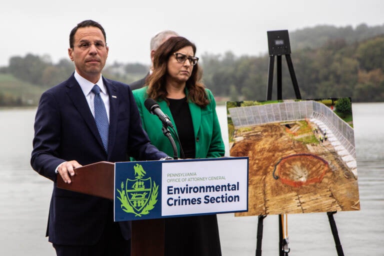 Attorney General Josh Shapiro stands at podium at Marsh Creek Lake