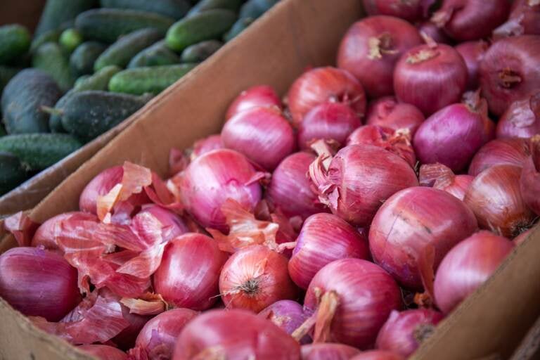 Onions are pictured at a market