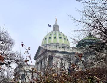 The exterior of the Capitol Building in Harrisburg, surrounded by fall foliage