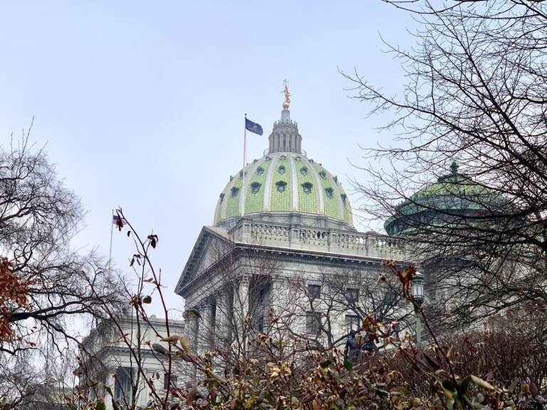 The exterior of the Capitol Building in Harrisburg, surrounded by fall foliage