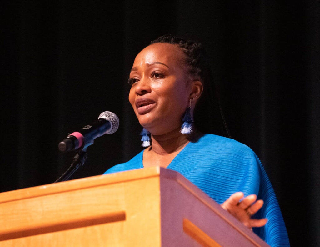 Brandywine School District special education teacher Jahsha Tabron speaks during Delaware's teacher of year ceremony in Dover Monday night