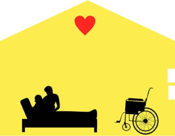 An illustration of a health care worker helping someone into bed at home