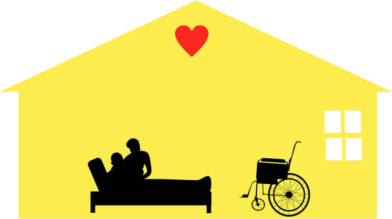 An illustration of a health care worker helping someone into bed at home
