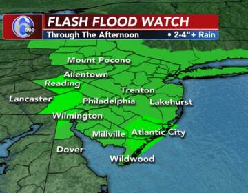 A weather map illustrates a Flood Warning in effect for the Philly region