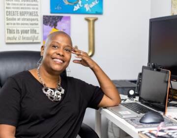 A relaxed Joyel Crawford, 46, in her home office in Haddon Township, NJ. (Photo by Tezarah Wilkins)
