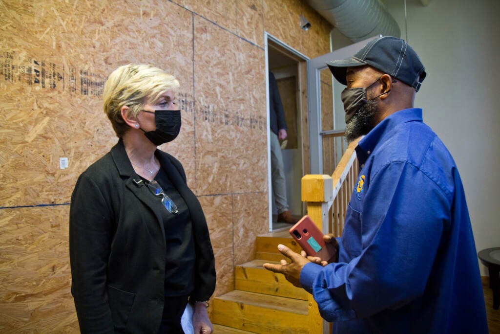 U.S. Energy Secretary Jennifer Granholm toured the ECA (Energy Coordinating Agency) an energy efficiency job training facility in Philadelphia’s Kensington neighborhood, with Jackie Robinson, ECA’s lead trainer