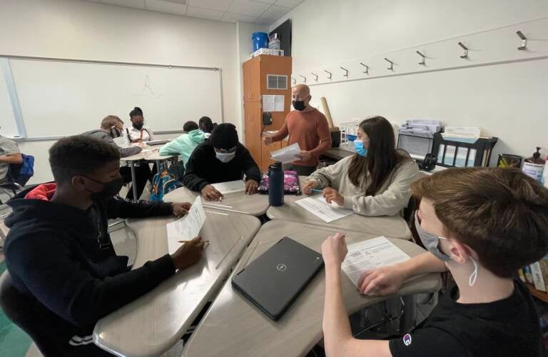 In this November 2021 photo, students and staff at Odessa High School near Middletown are wearing mandated masks. (Cris Barrish/WHYY)