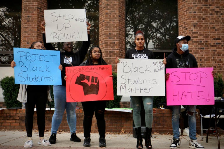 Rowan University students gather outside the Chamberlin Student Center criticize the administration for ignoring racial slurs and unequal treatment directed at Black students